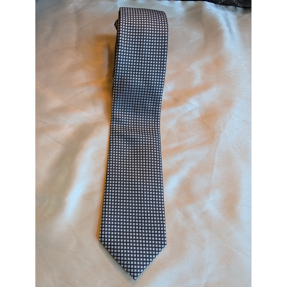 Alexander Julian Colours Mens Tie Silver Black Geometric Grid Polyester 60 Inch